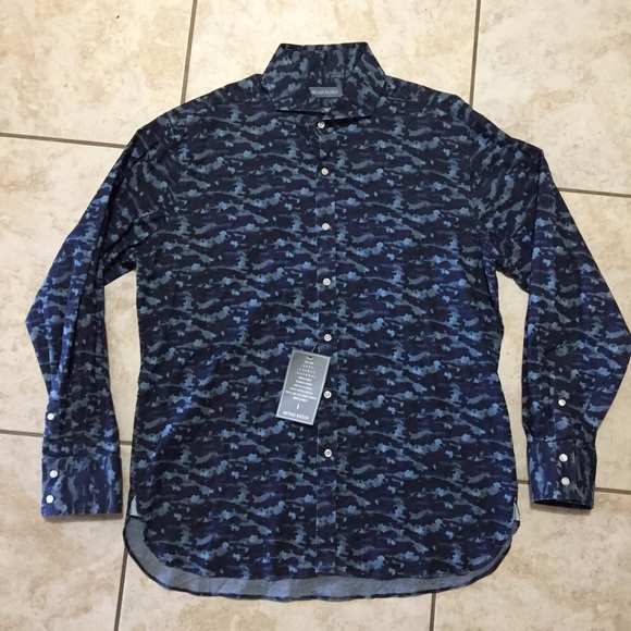 NEW Michael Bastian Blue Camo Button Front Trim Fit Mens Size XL - Picture 2 of 9